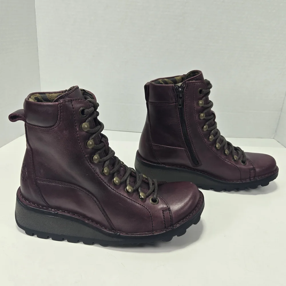 Fly London MALU001FLY Burgundy Purple Combat Hiking Ankle Boots Size EU 35 US 4